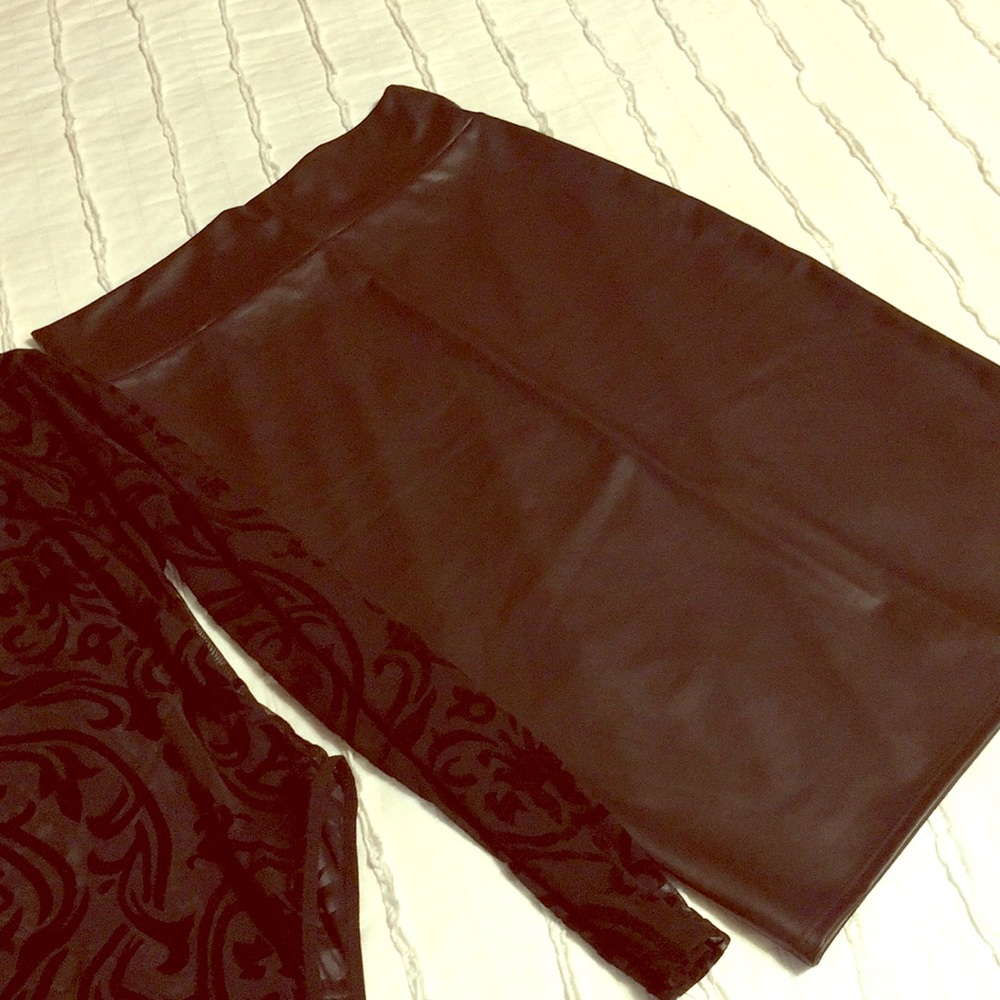 set of black onesie top with leather pencil skirt